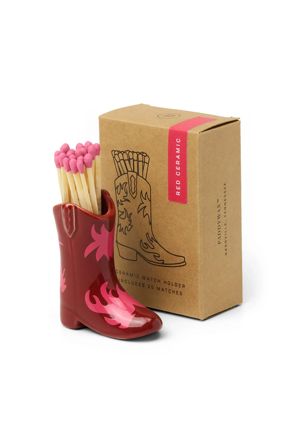 Paddywax Cowboy Boot Match Holder in Red/Pink Flame — Front view