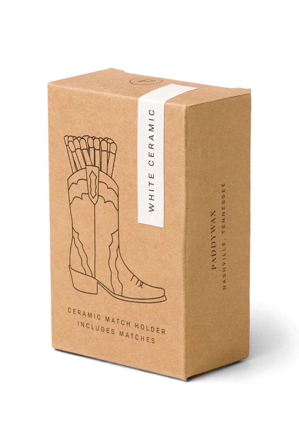 Paddywax Cowboy Boot Match Holder in White/Lilac — Packaging view