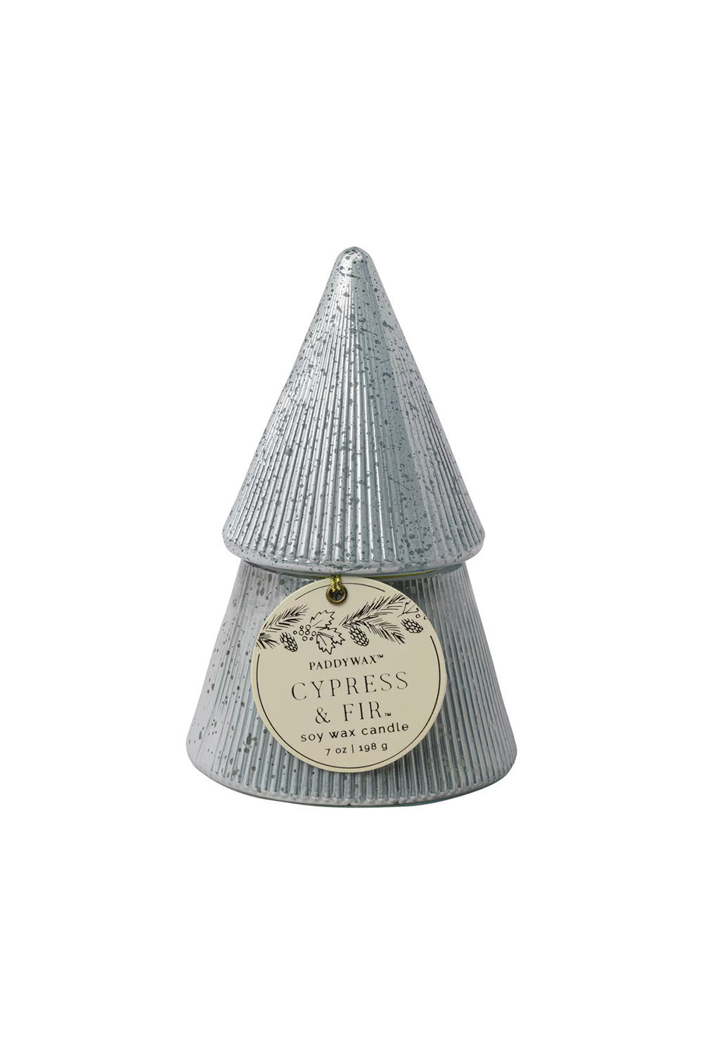 Paddywax Silver Christmas Tree Candle in Cypress & Fir — Front view
