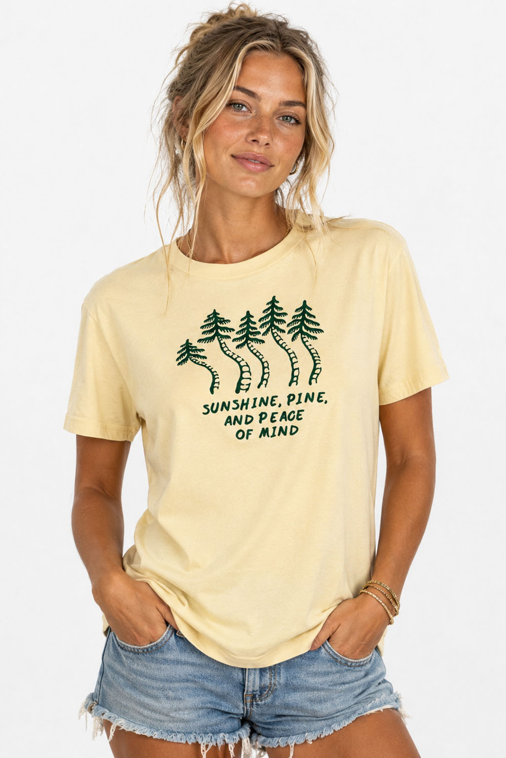 Pearl of the West Pines Tee in Butter — Front view