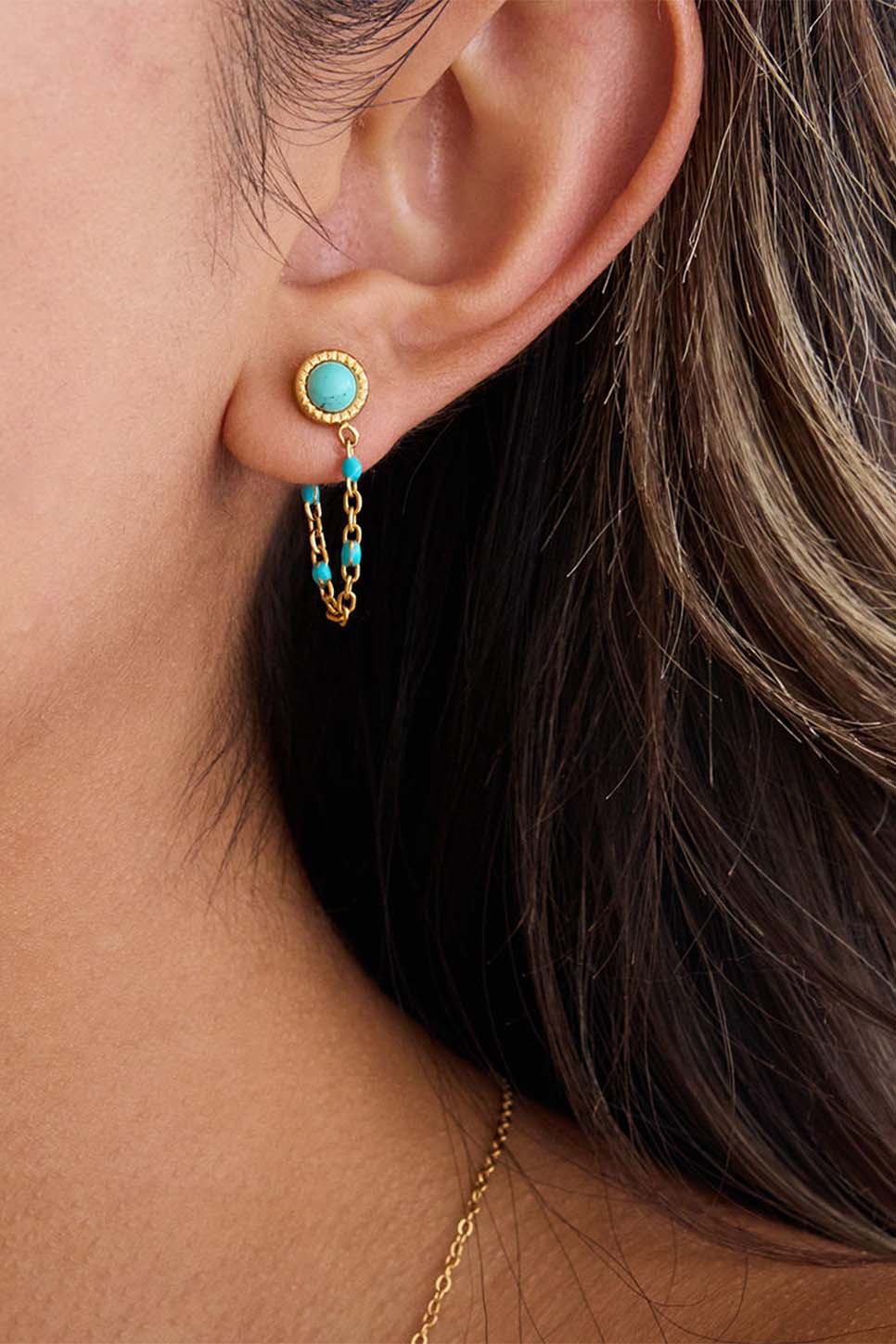 Pearl of the West Turquoise Tassel Earrings — Worn view