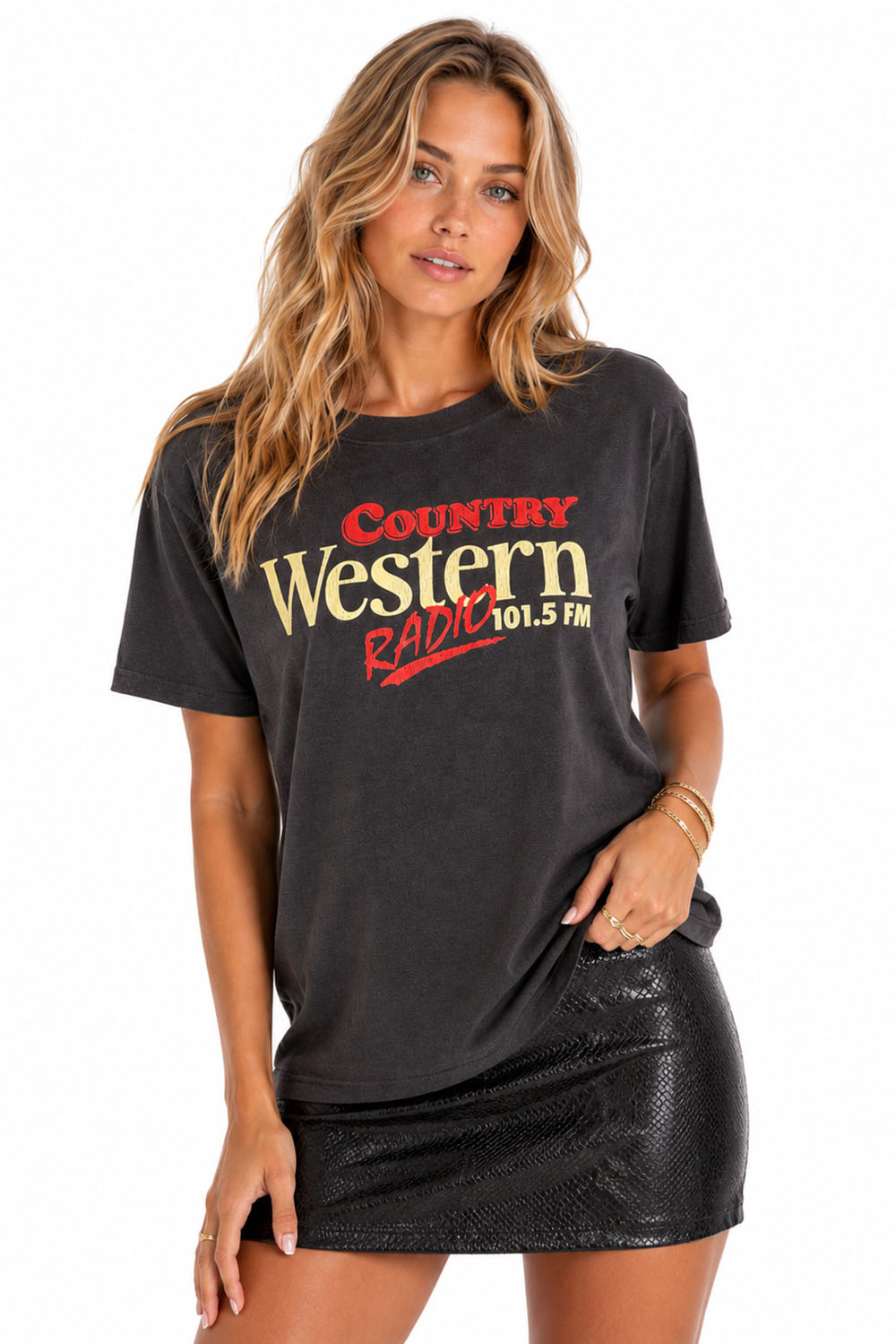 Pearl of the West Western Radio Tee in Faded Black — Front view