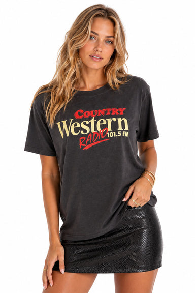 Pearl of the West Western Radio Tee in Faded Black — Front view