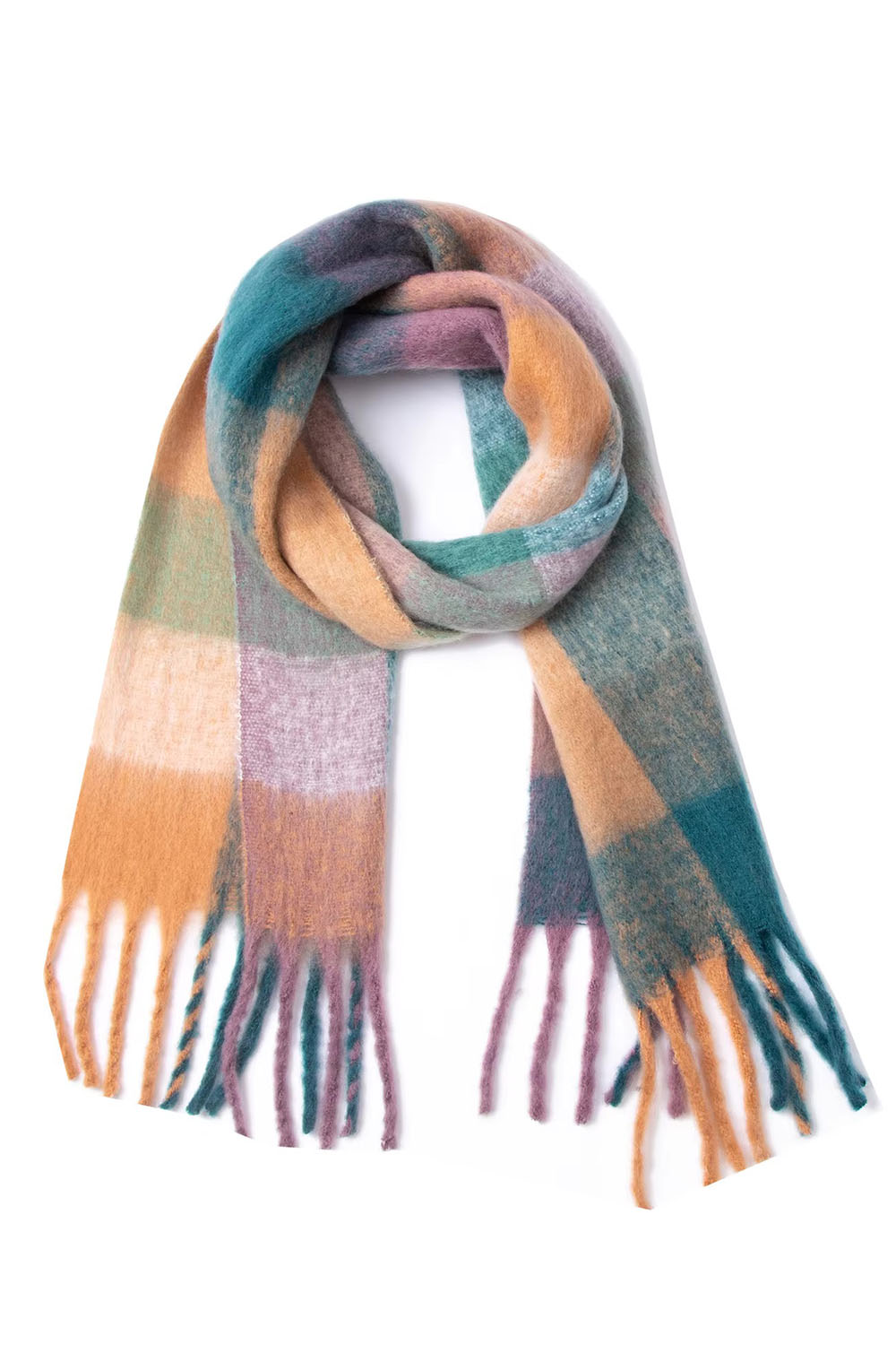 pearl of the west long plaid scarf peachy green