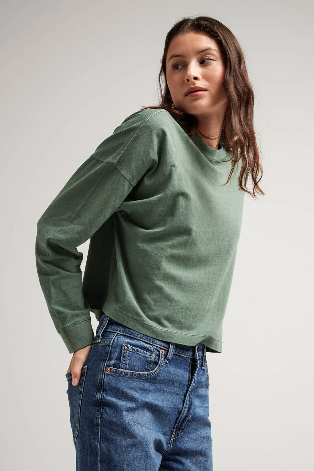 Richer Poorer - Relaxed Crop LS Tee - Sage Leaf - Front