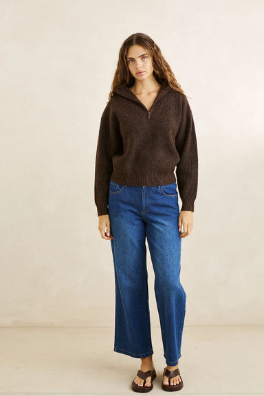 rhythm quincy zip knit chocolate front