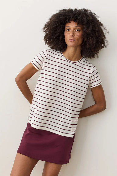 Marine Layer - Stripe Swing Crew Tee - White/Fig Stripe - Front
