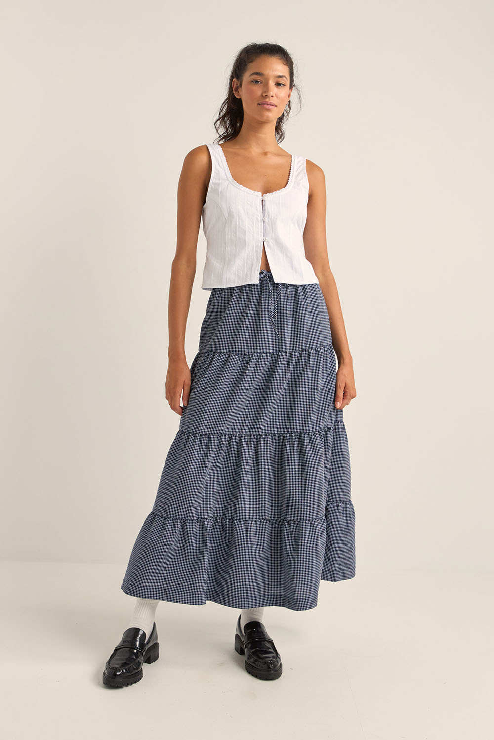 Rhythm - Lola Check Tiered Maxi Skirt - Navy