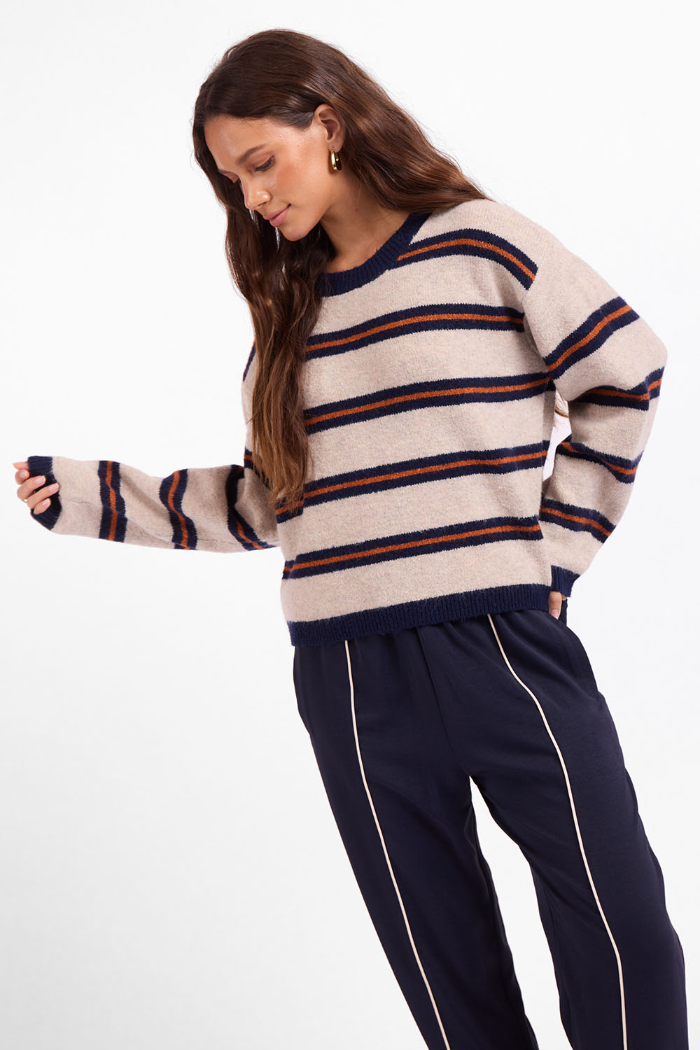 Sage the Label - Tiber Stripe Sweater - Navy Rust Multi - Front Angle
