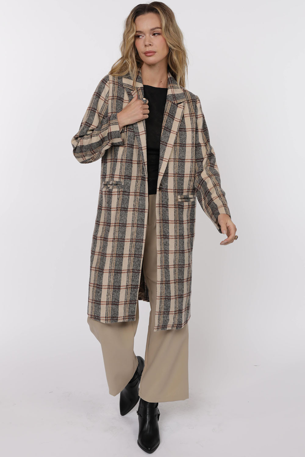 Sage the Label - STEADY BRUSHED PLAID COAT - Camel Multi - Front