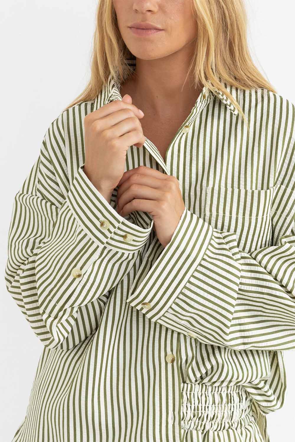 Rhythm - Cove Stripe LS Shirt - Aloe - Detail