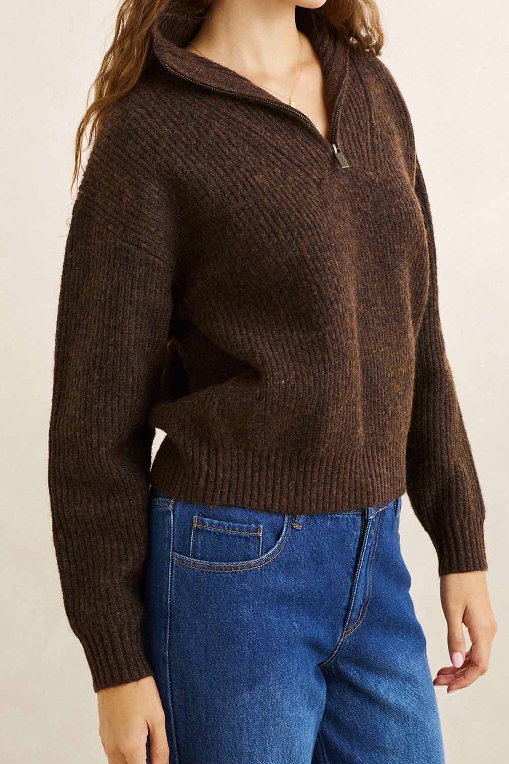 rhythm quincy zip knit chocolate side