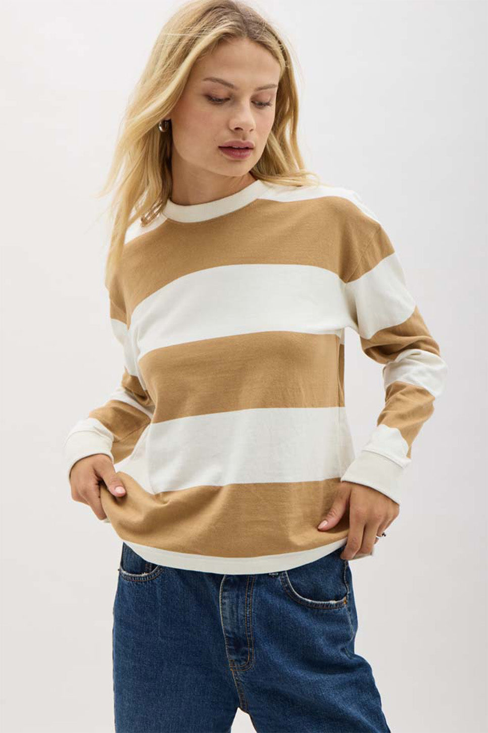 Richer Poorer - Beefy Strip Cotton Pullover - Khaki Stripe - Front