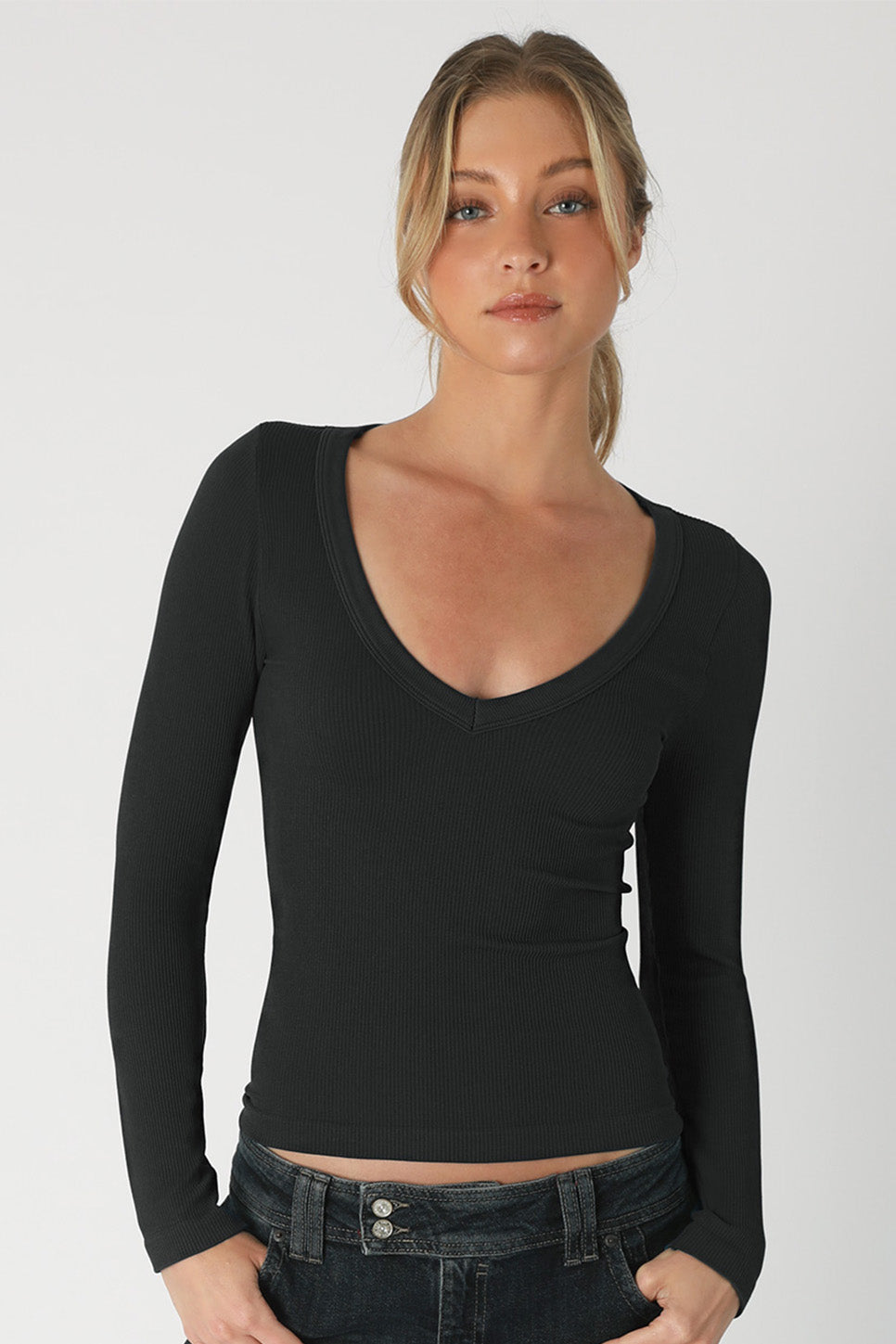Niki Biki - Deep V Neck LS Top - Black