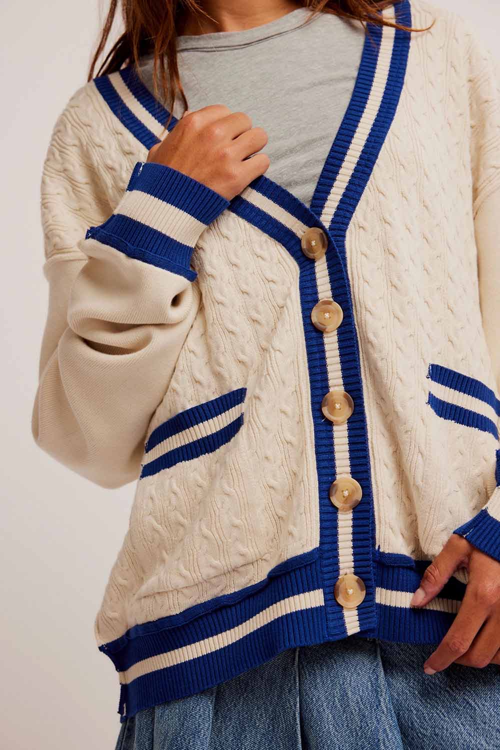 Free People - WTF Varsity Cardi - Ecru - Detail