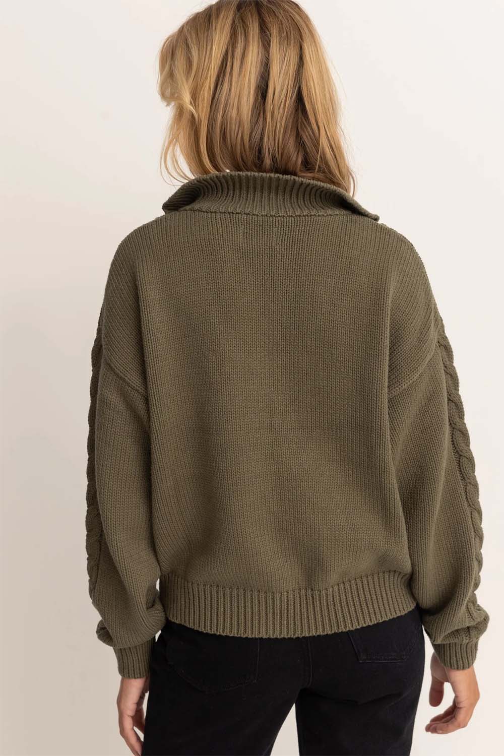 Rhythm - Cabelled Vintage 1/4 Zip Knit - Olive - Back