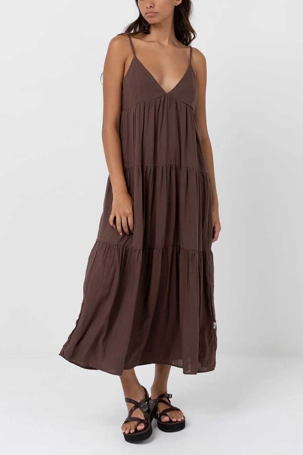 Rhythm - Classic Tiered Midi Dress - Chocolate - Front