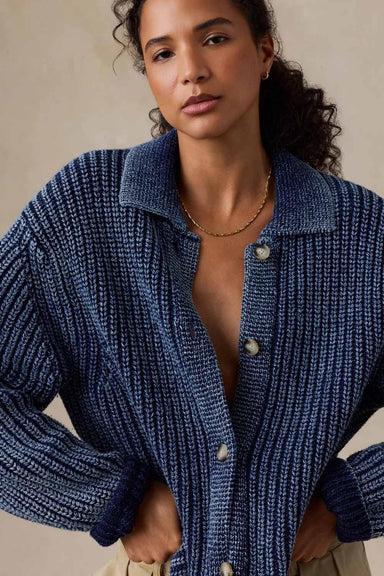Faherty Sunwashed Lodge Cardigan in Midnight Indigo Wash — Button detail view