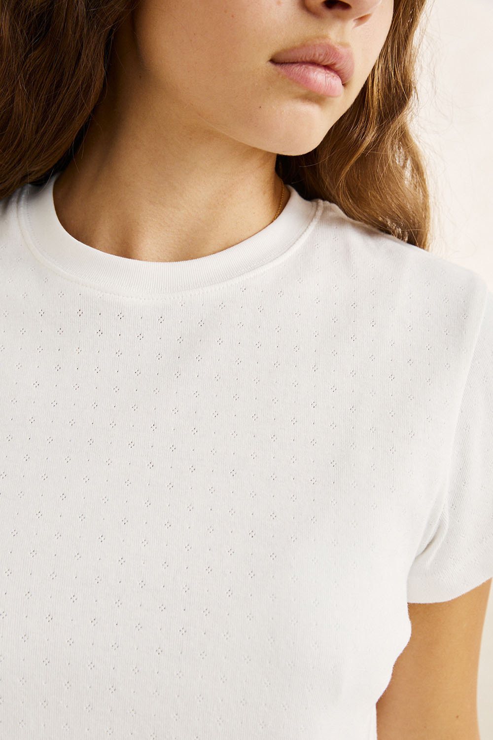 Rhythm Bennie Pointelle Tee in White — Neckline detail view