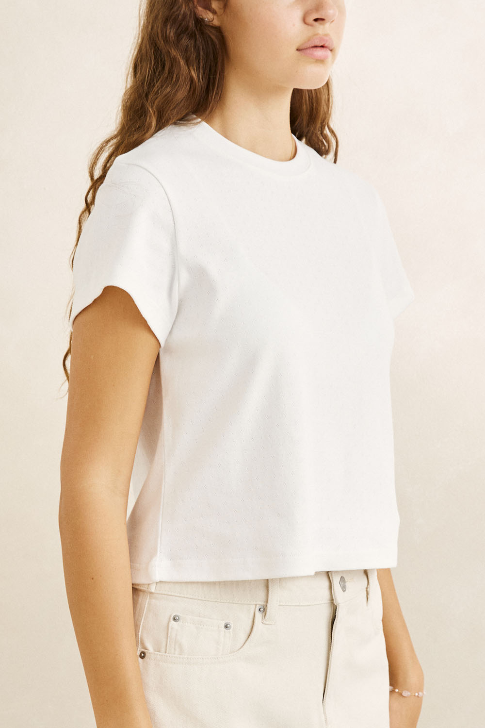 Rhythm Bennie Pointelle Tee in White — Side view
