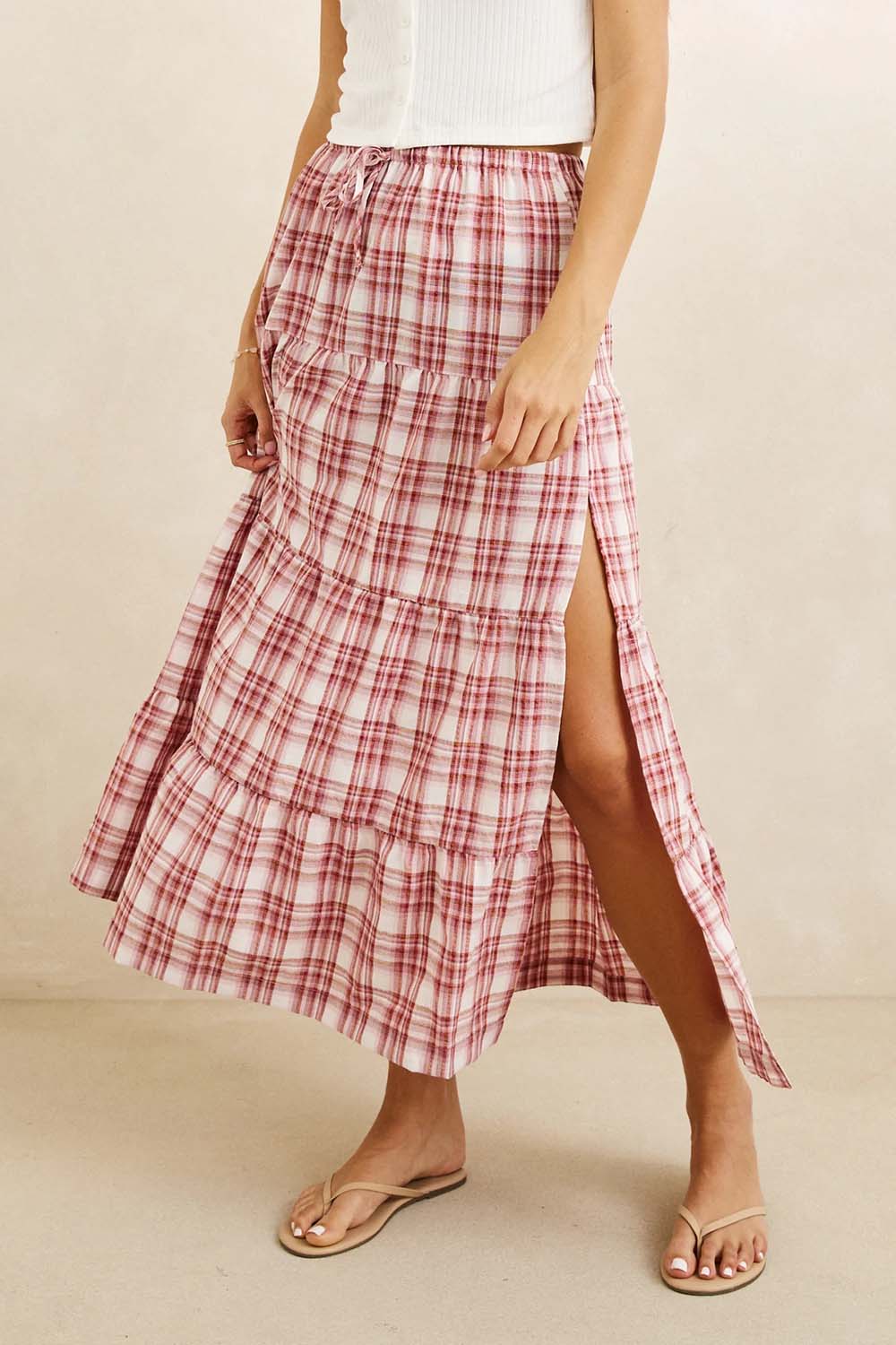 rhythm-chelsea-check-tiered-maxi-skirt-plum-front