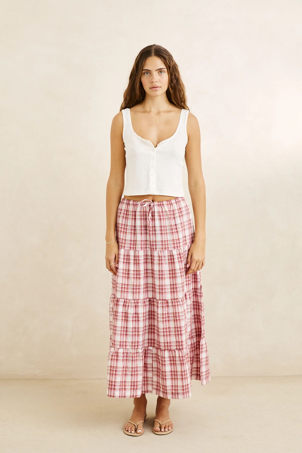 rhythm-chelsea-check-tiered-maxi-skirt-plum