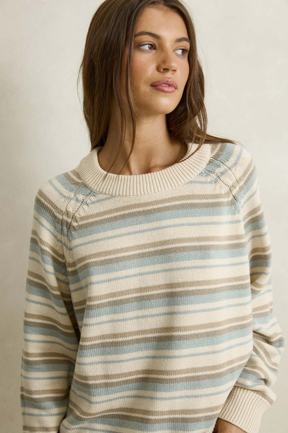 Rhythm Distant Shores Striped Sweater in Baby Blue — Front detail view