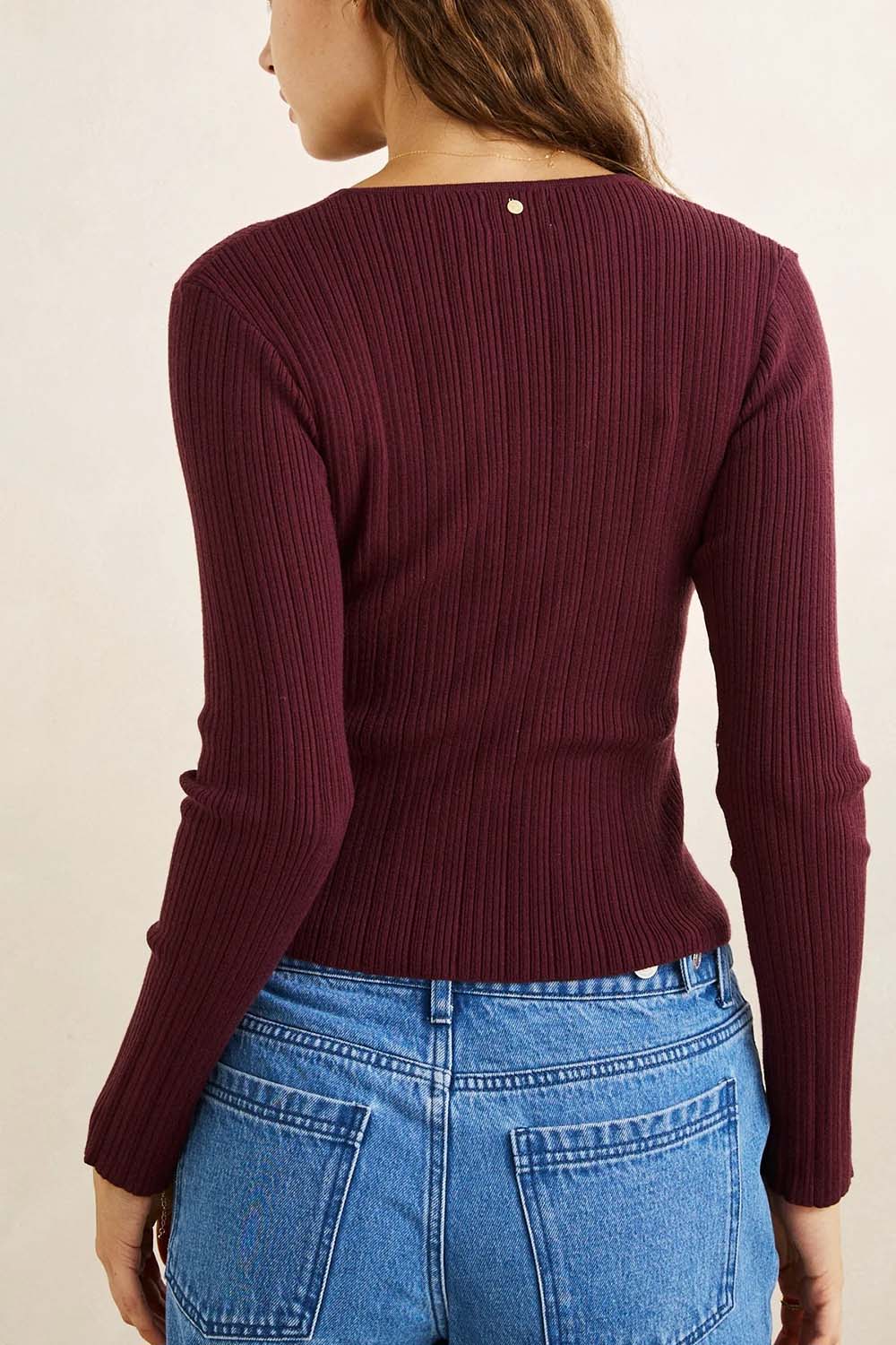 Rhythm Essential Long Sleeve Knit Top in Wine — Back view
