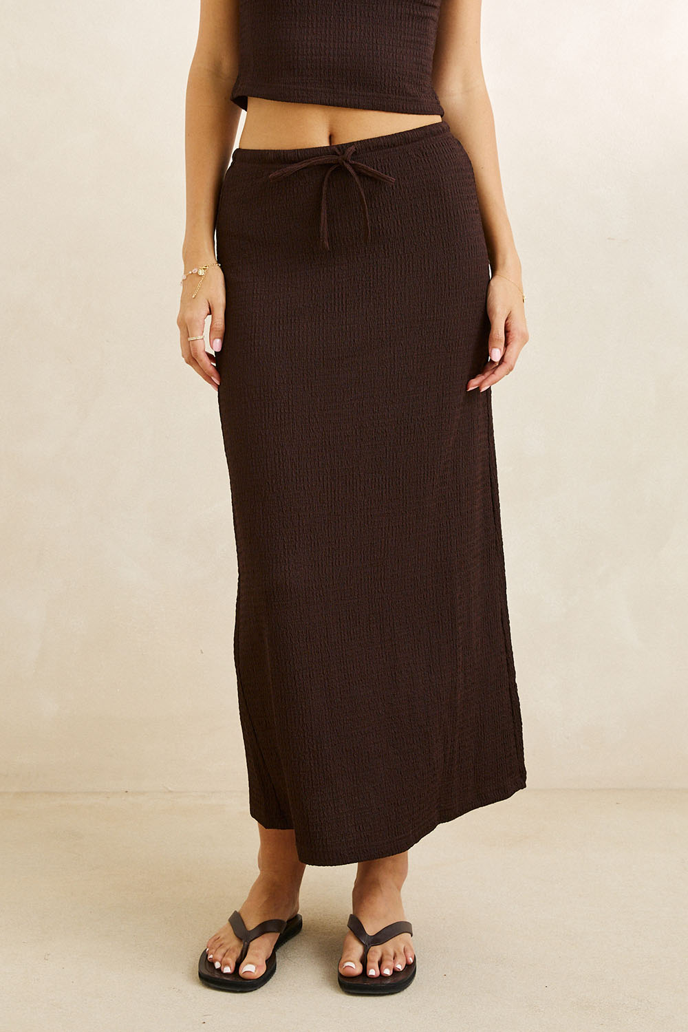 Rhythm Indie Maxi Skirt in Chocolate — Front view