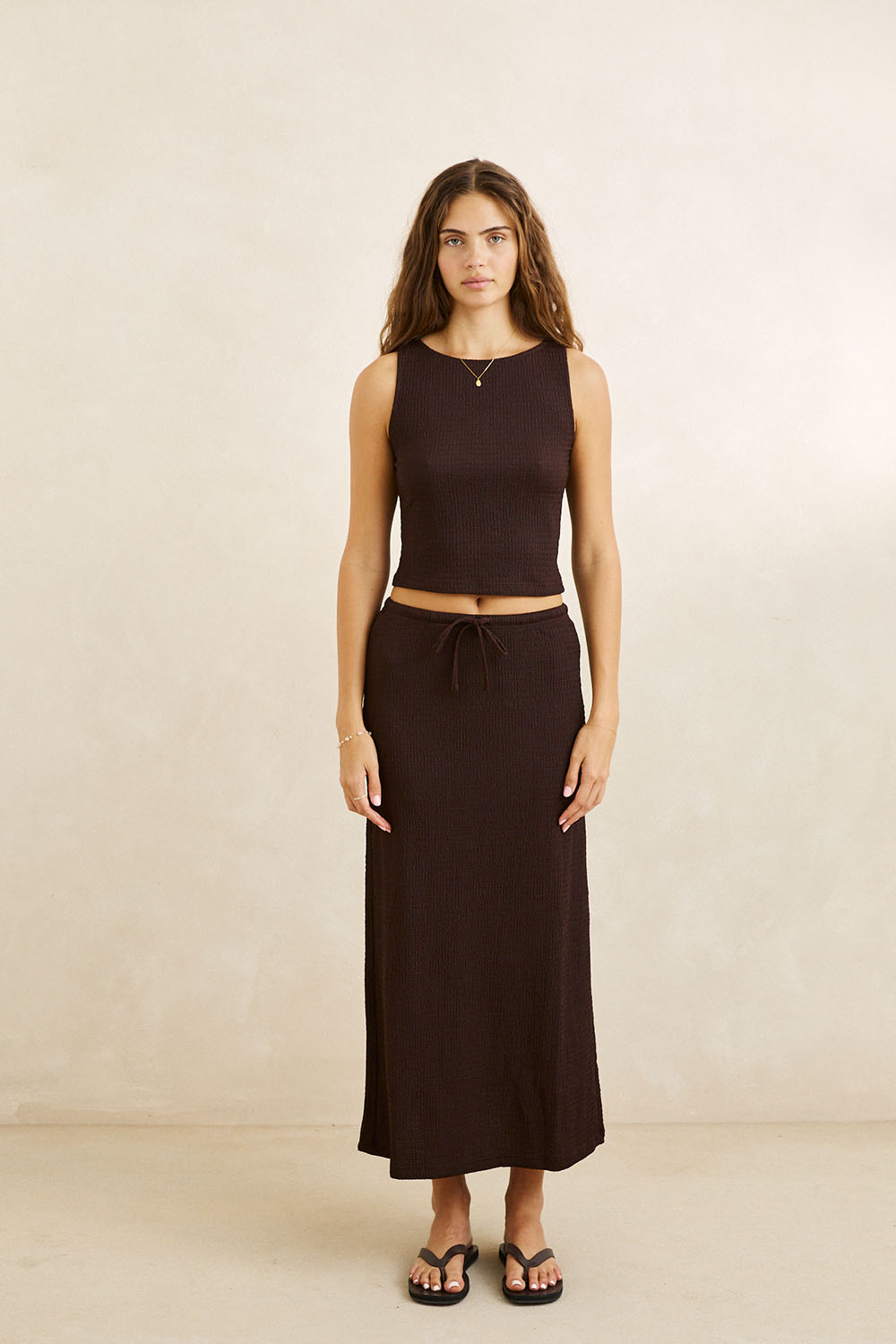 Rhythm Indie Maxi Skirt in Chocolate — Full-body view