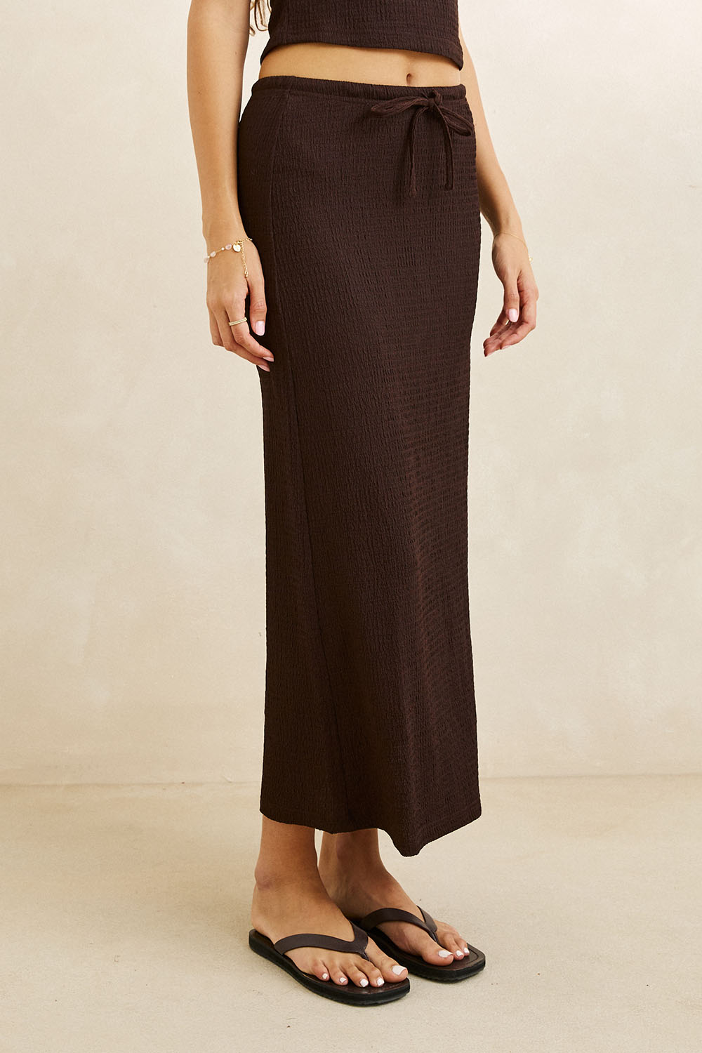 Rhythm Indie Maxi Skirt in Chocolate — Side view