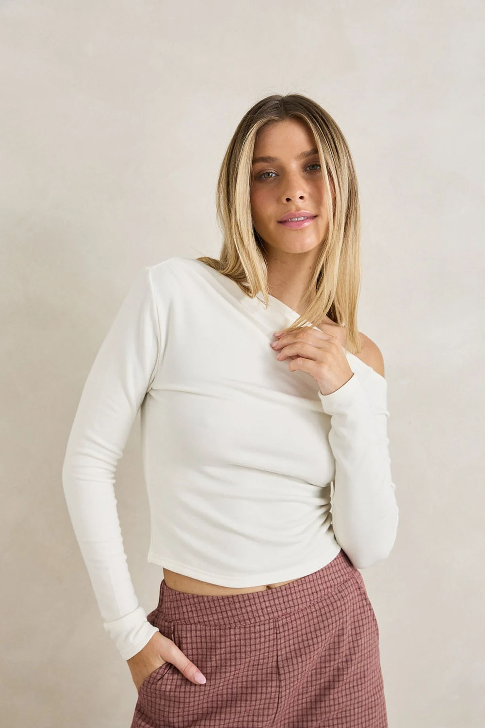 Rhythm Juno Long Sleeve Top in White — Front view