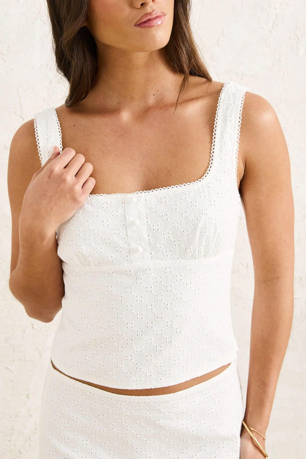 Rhythm Lia Broderie Top in White — Neckline detail view