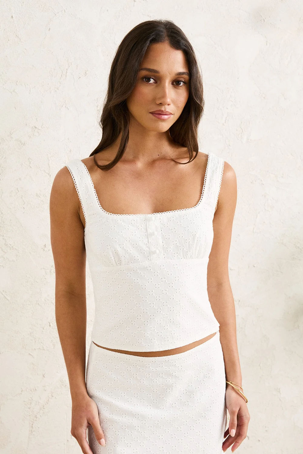 Rhythm Lia Broderie Top in White — Front view