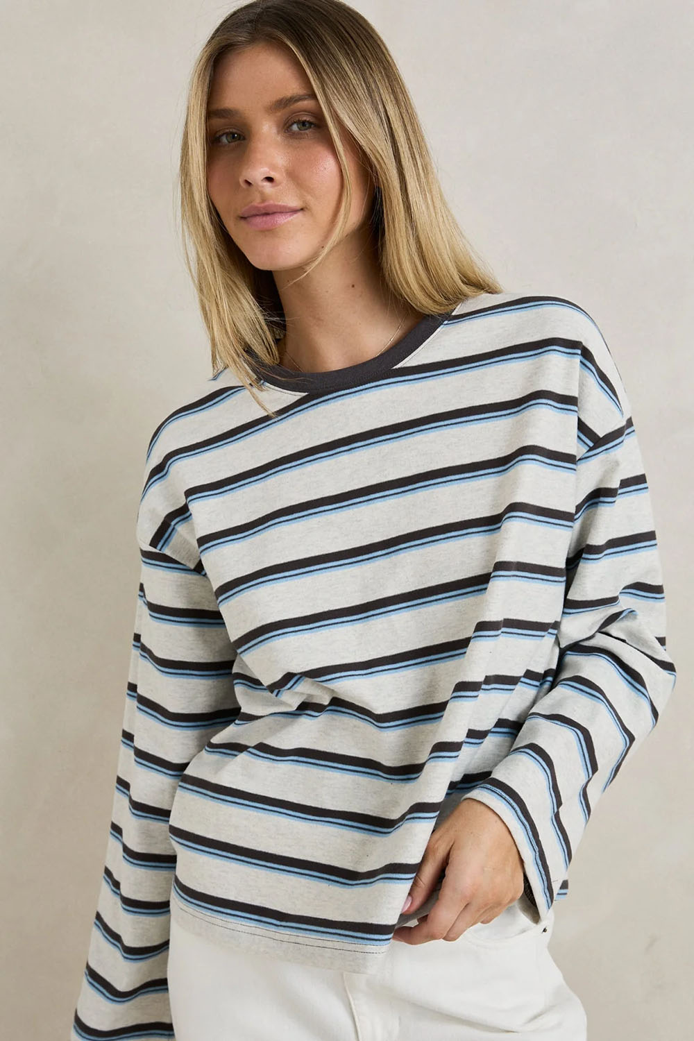 Rhythm Porto Stripe Long Sleeve in Grey — Front view