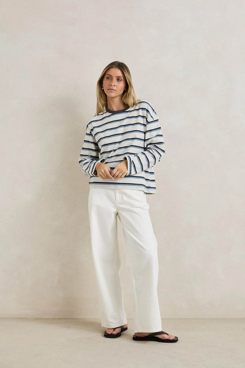 Rhythm Porto Stripe Long Sleeve in Grey — Full-body view