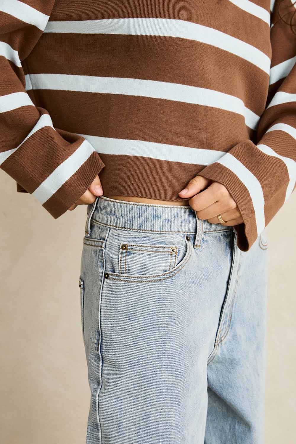Rhythm Rugby Polo Knit Sweater in Brown — Hem detail view