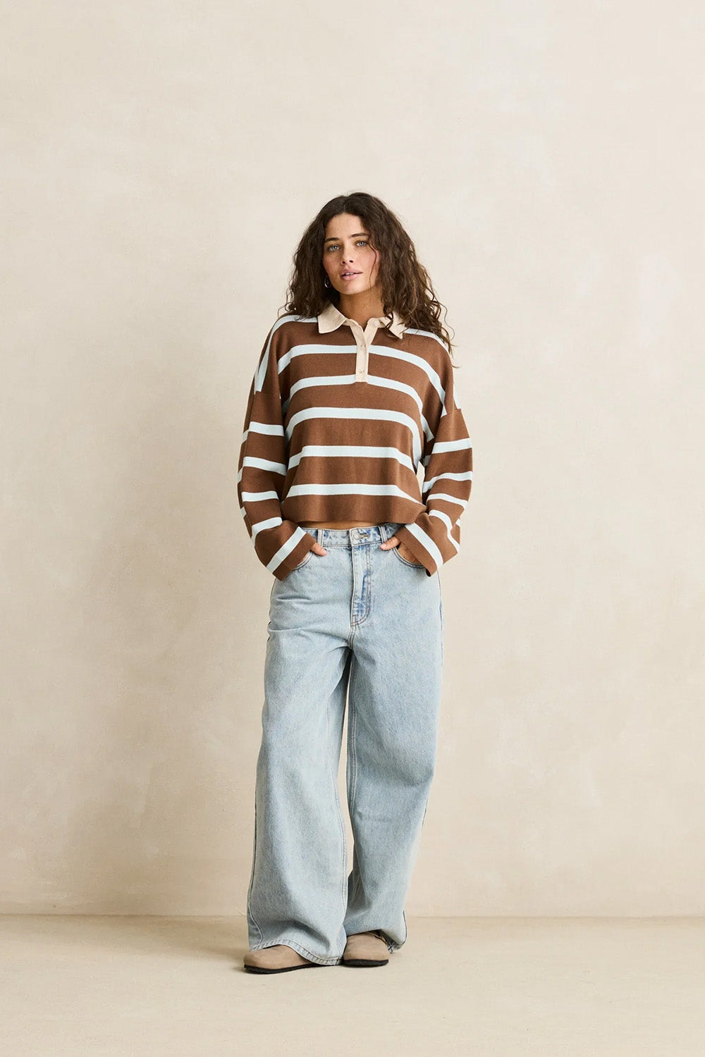 Rhythm Rugby Polo Knit Sweater in Brown — Full-body view