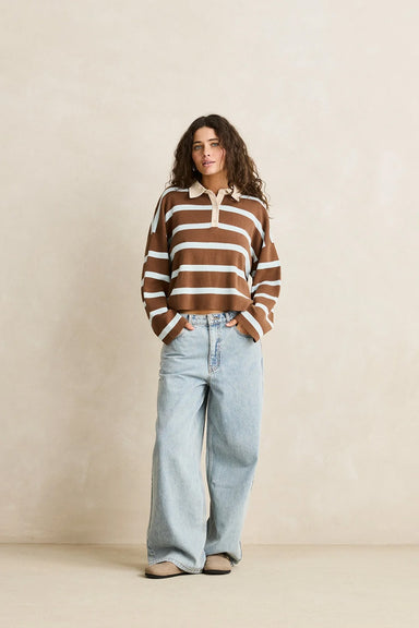Rhythm Rugby Polo Knit Sweater in Brown — Full-body view