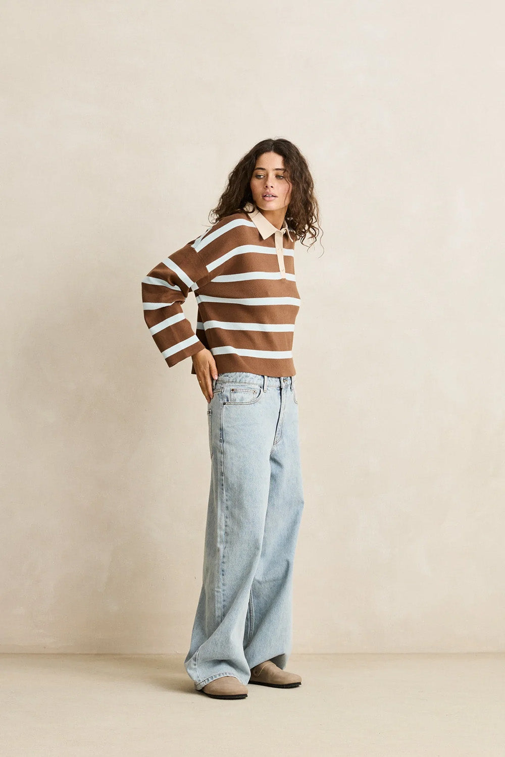 Rhythm Rugby Polo Knit Sweater in Brown — Quarter view