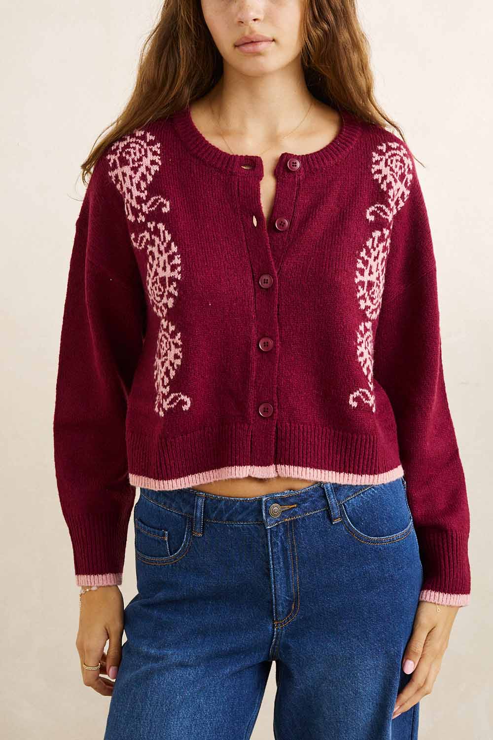 Rhythm Sandy Crop Cardigan in Plum — Front view
