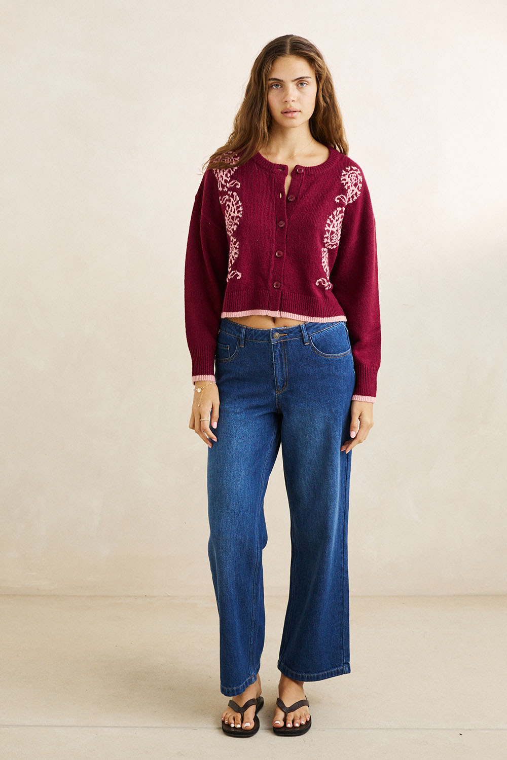 Rhythm Sandy Crop Cardigan in Plum — Full-body view