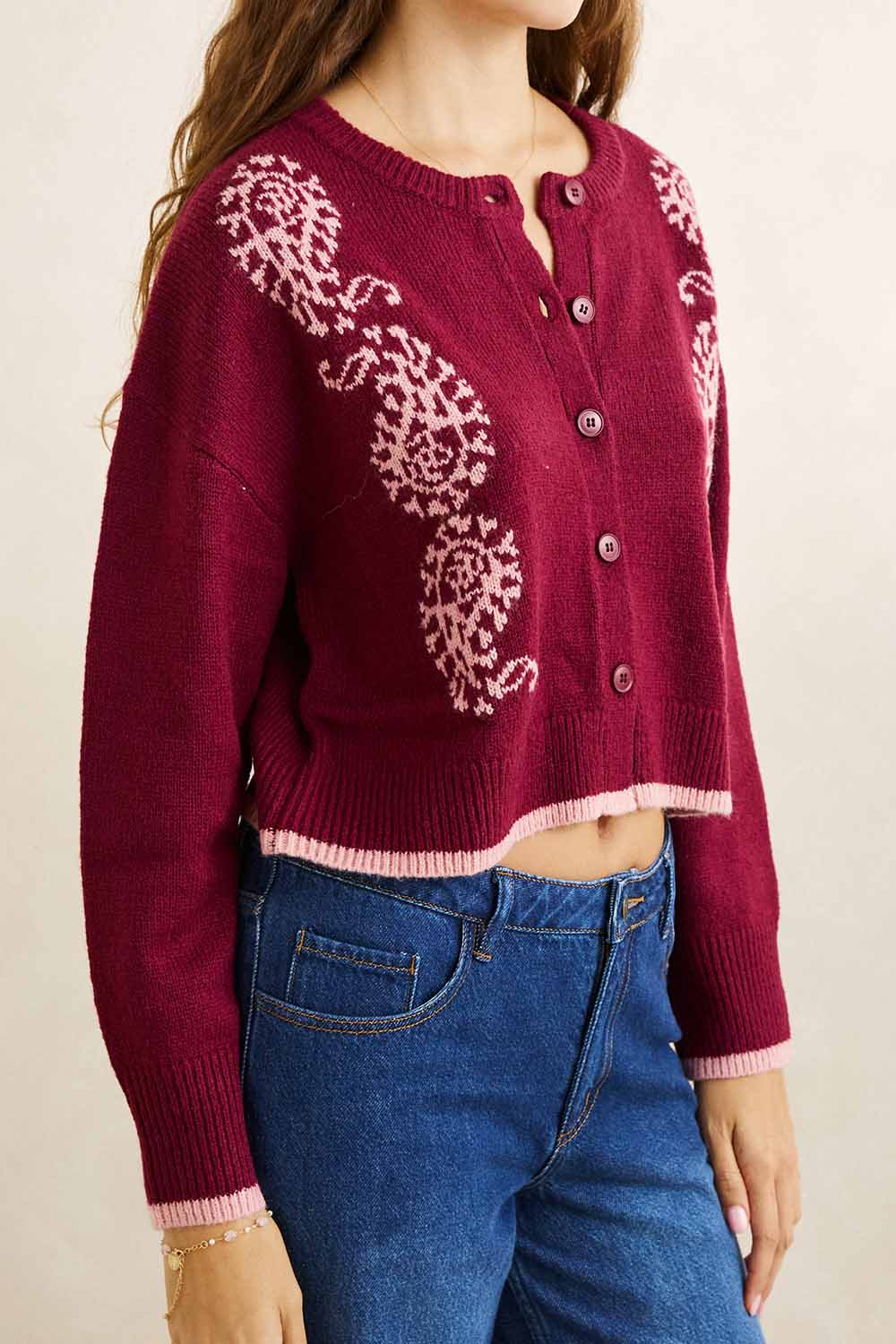 Rhythm Sandy Crop Cardigan in Plum — Quarter view