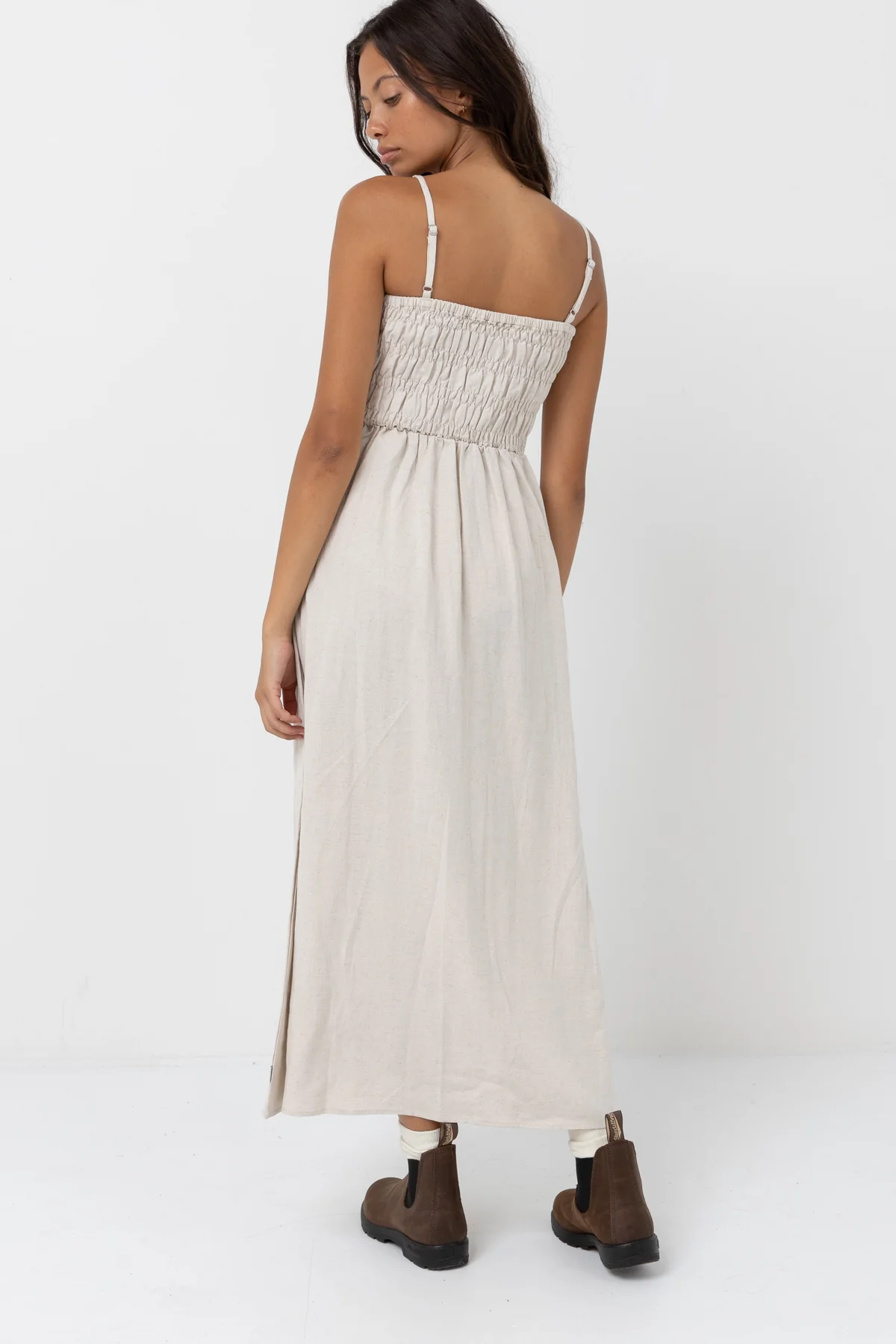 rhythm classic shirred midi dress oat back