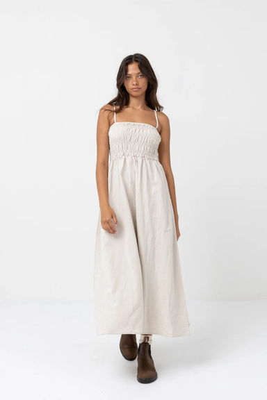 rhythm classic shirred midi dress oat front