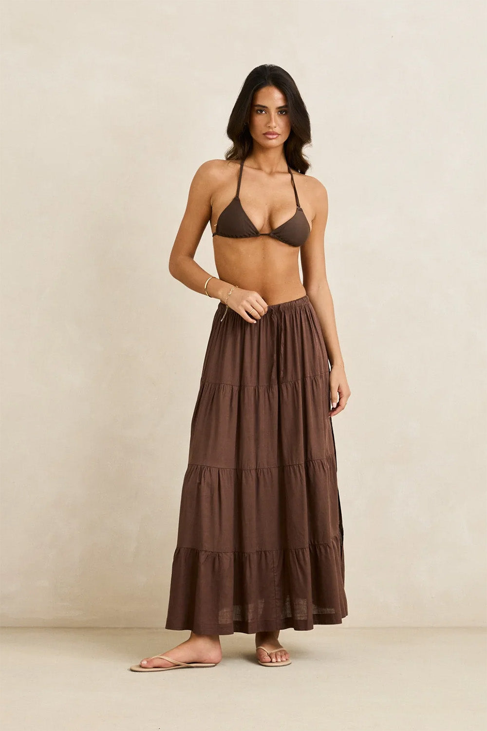rhythm classic tiered maxi skirt chocolate front
