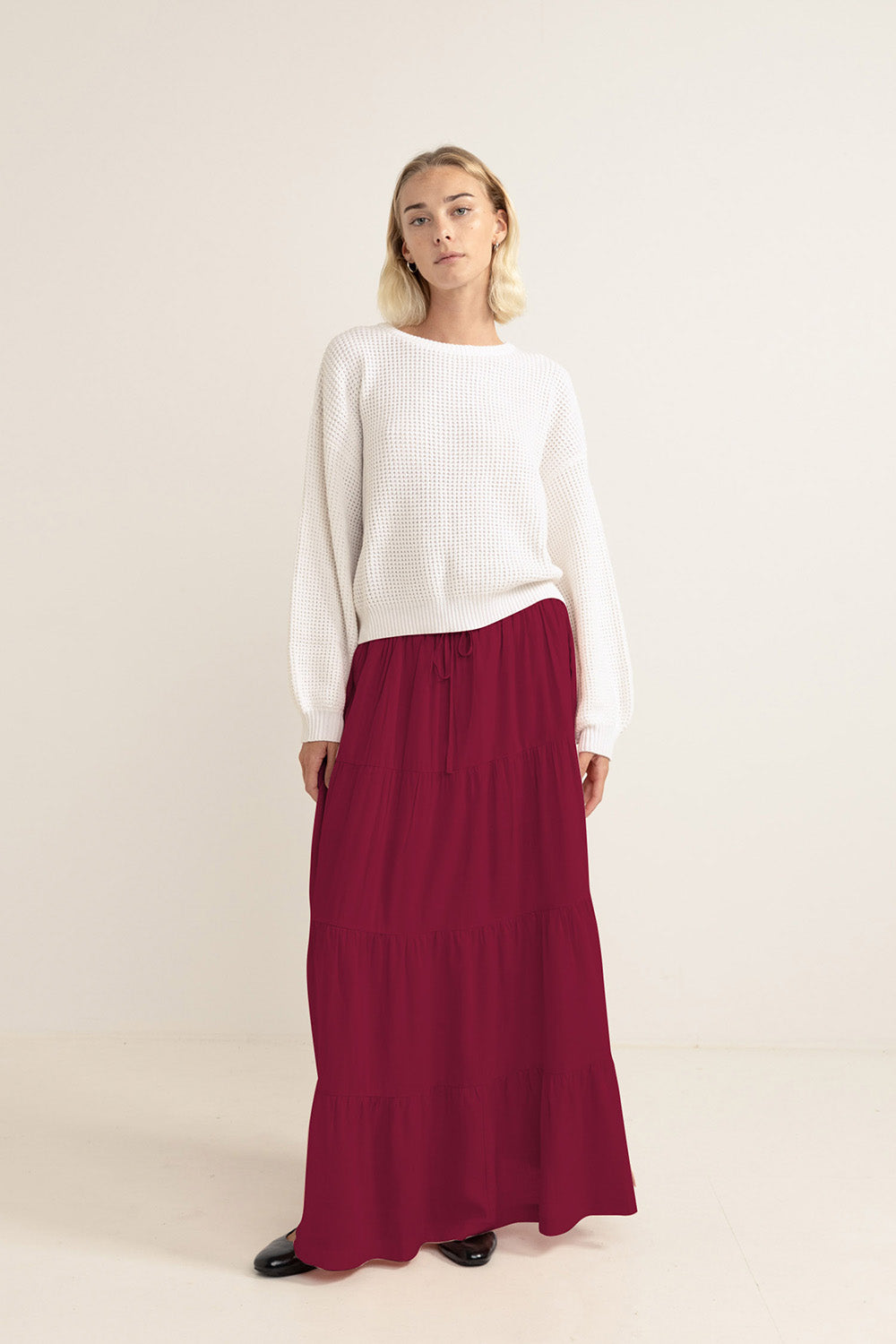 Rhythm - Classic Tiered Maxi Skirt - Sangria