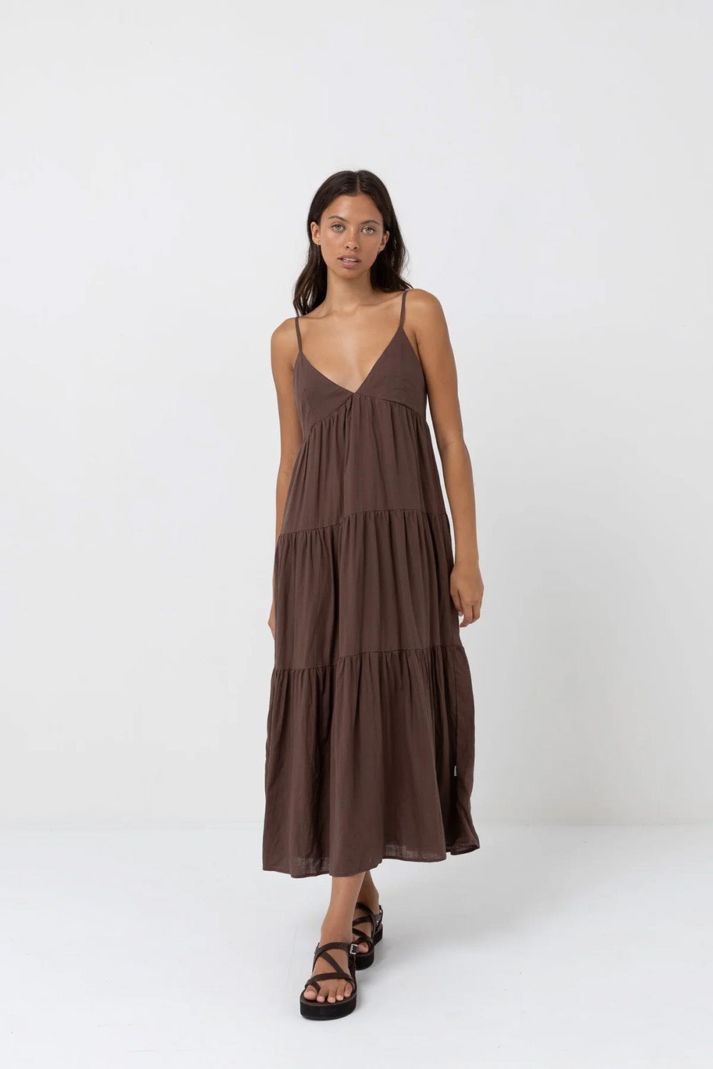 rhythm classic tiered midi dress chocolate