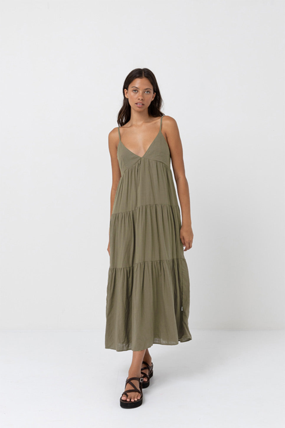 Rhythm - Classic Tiered Midi Dress - Olive