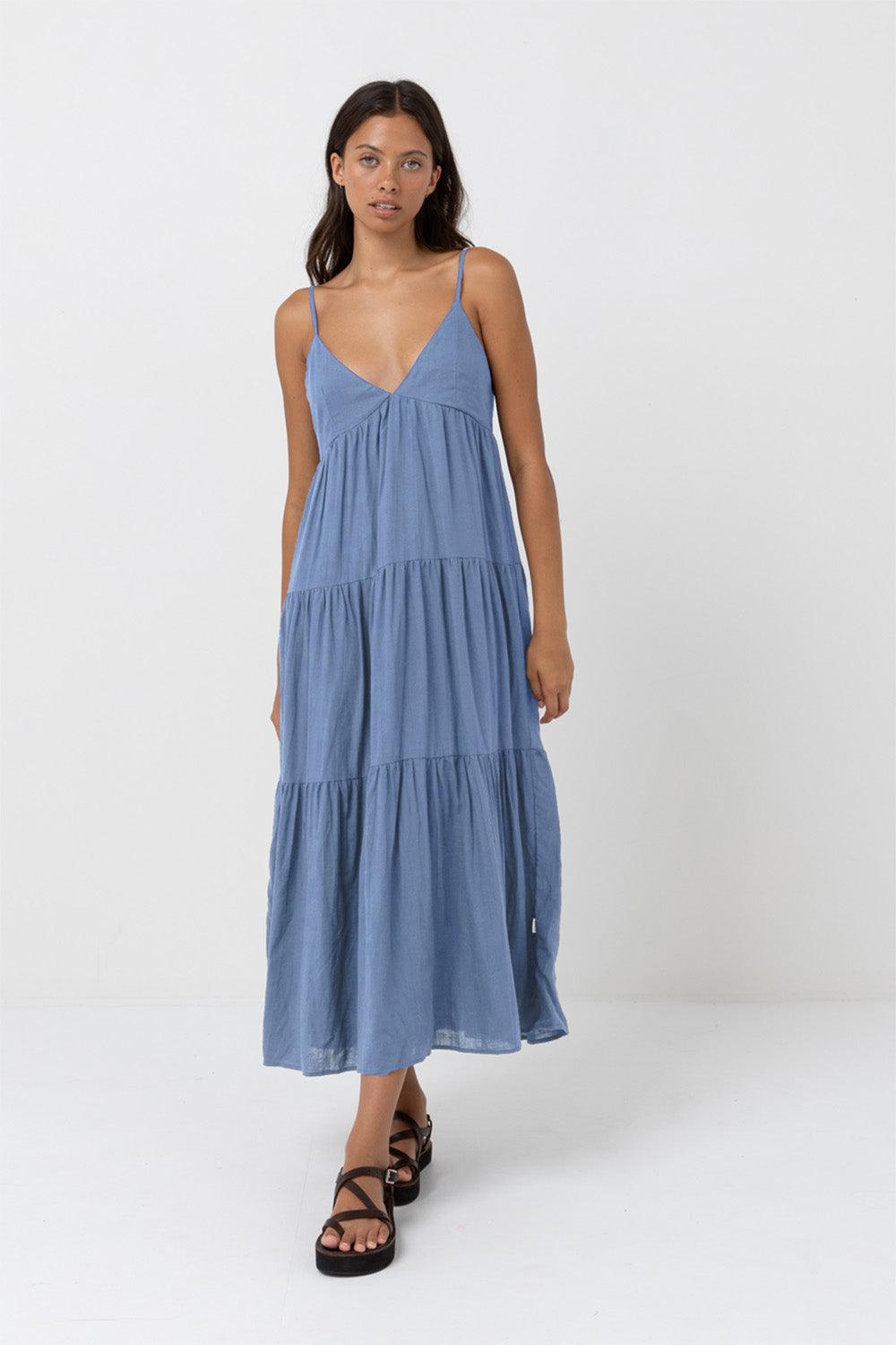 Rhythm - Classic Tiered Midi Dress - Steel Blue